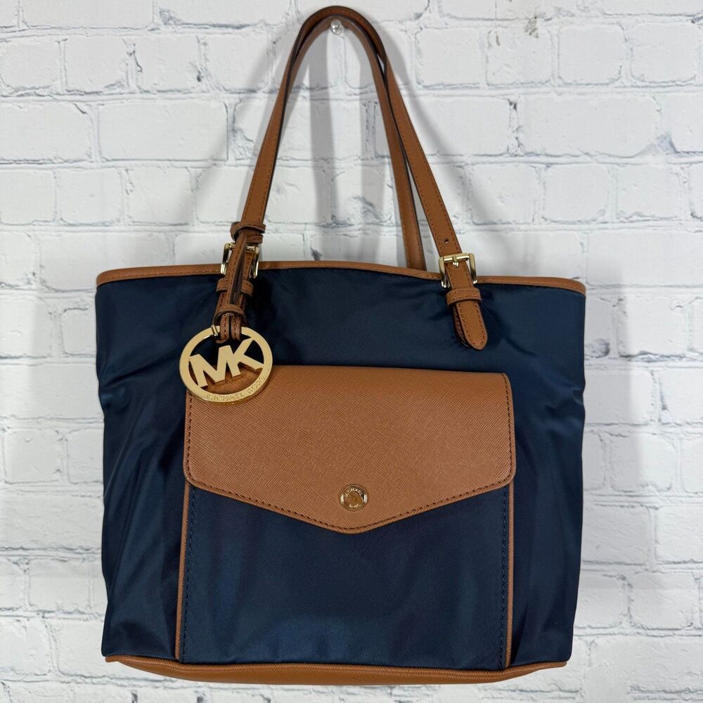 Michael Kors Canva Shoulder Tote Women Blue Colorblock Leather Trim Preppy Bag - Picture 1 of 16